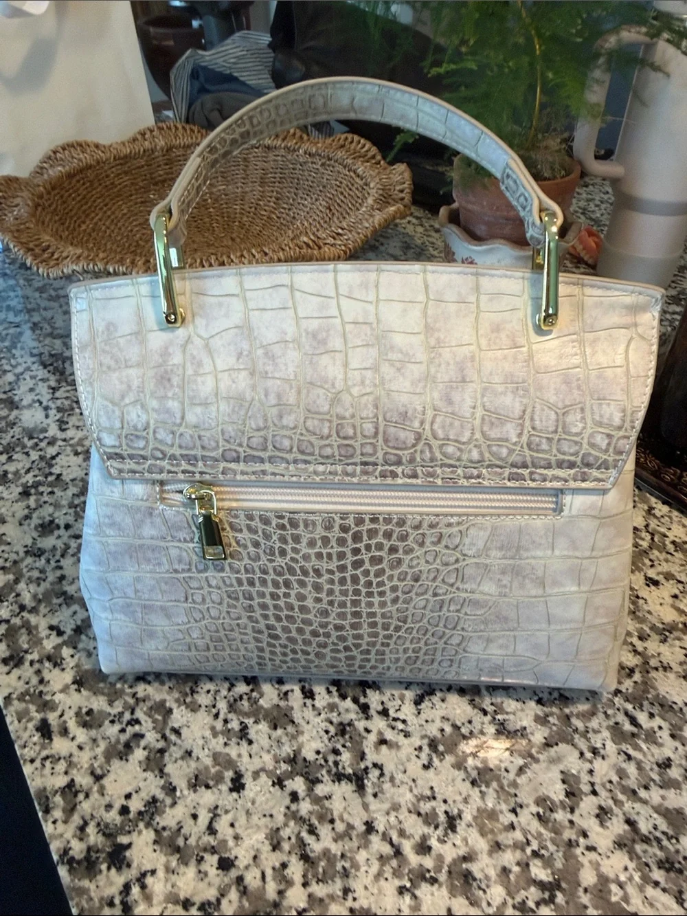 BRAND NEW!  Croc-Embossed Top Handle Satchel in OFF WHITE with Gold Hardware